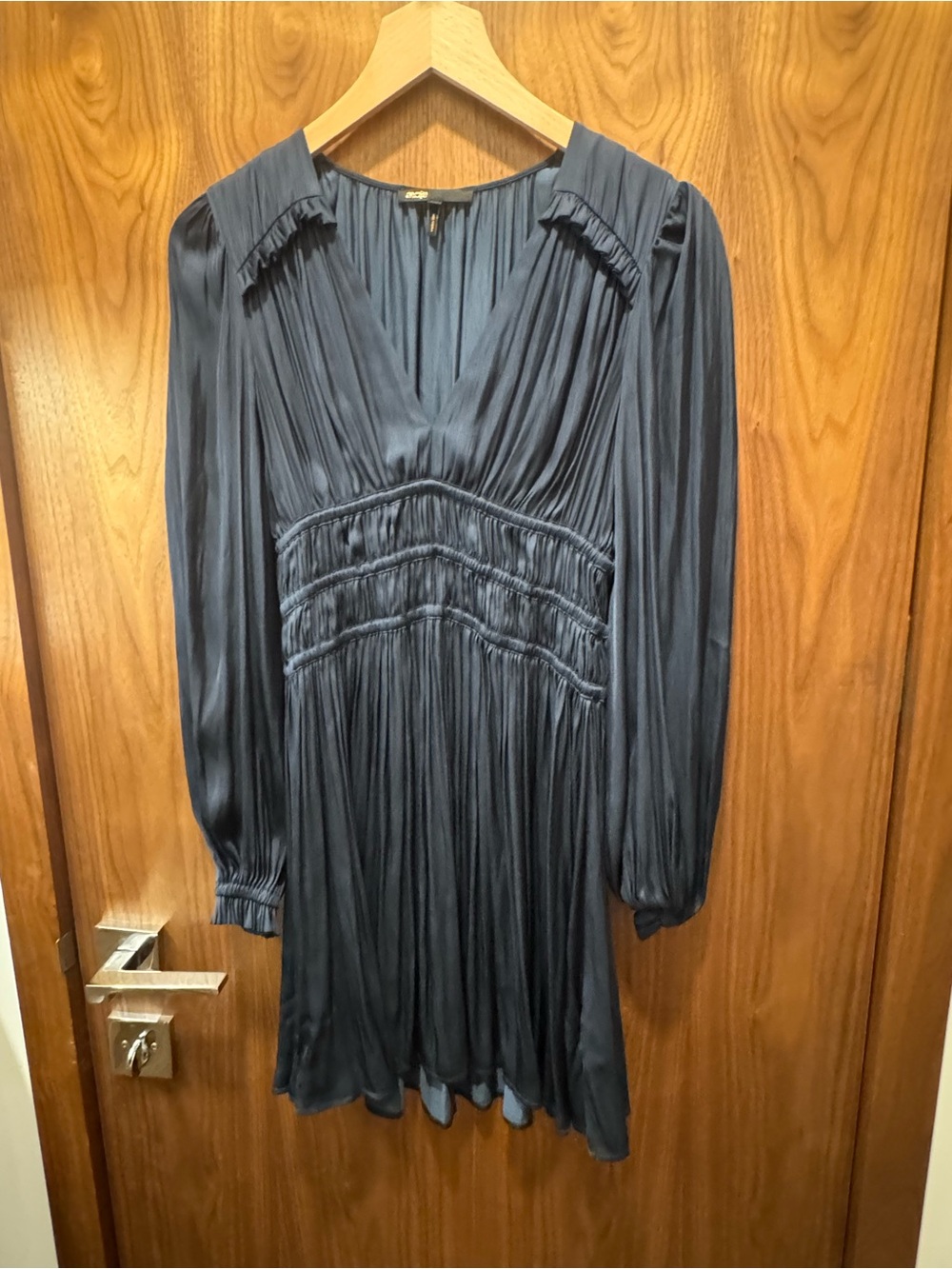 Maje Blue Pleated V-Neck Long Sleeve Dress